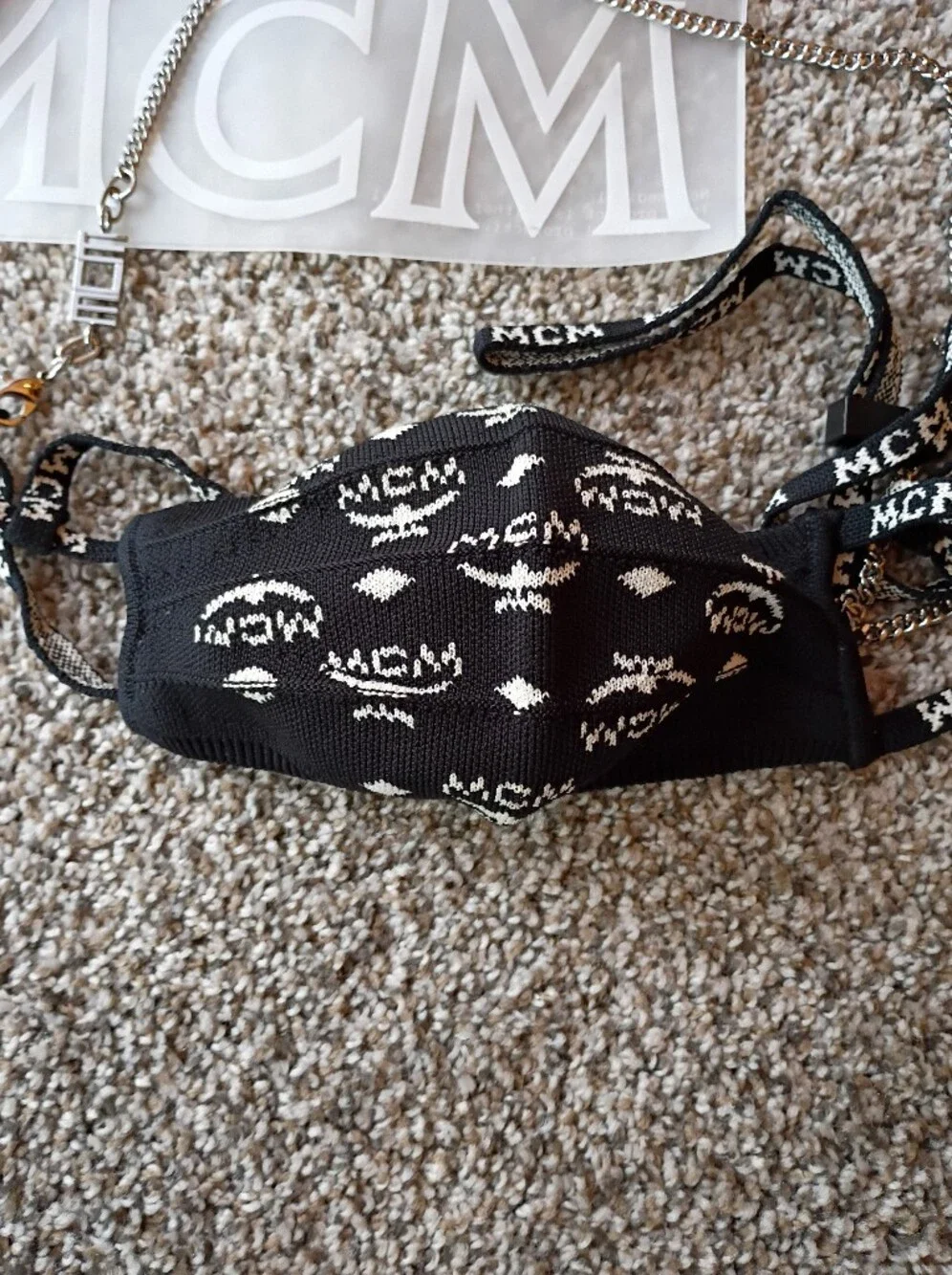 MCM Black and White Logo Face Mask with Silver Chain